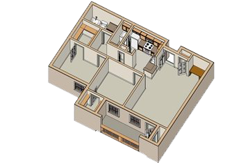 Floor plan for 2 beds, 1 bath, 950 sqft